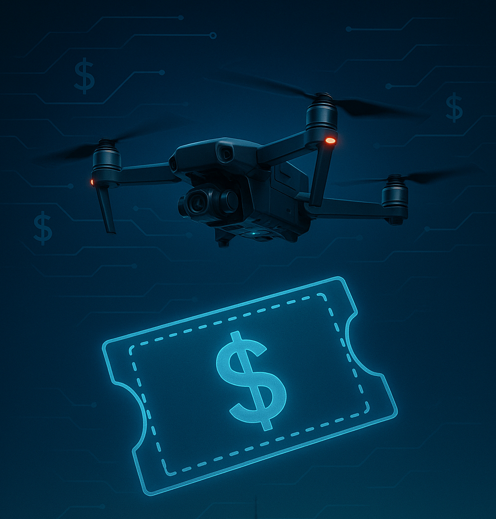 Professional drone with holographic dollar sign representing high-ticket deals